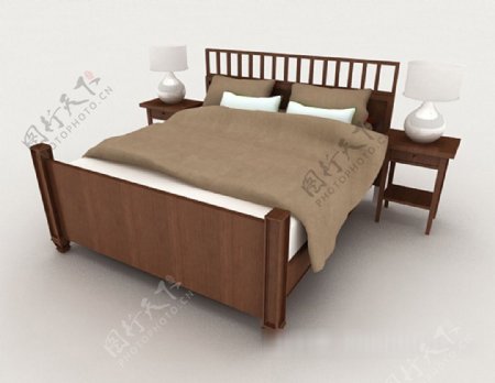 新中式风格简单双人床3d模型下载