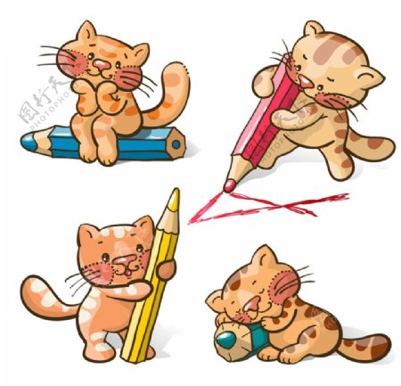 卡通猫咪与铅笔矢量素材