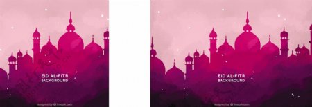 红色水彩风格清真寺剪影背景