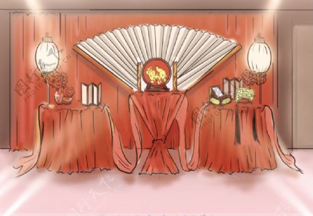 红色中式婚礼手绘图