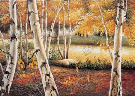 秋天树木油画图片