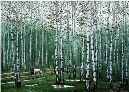 笔直的松树油画图片