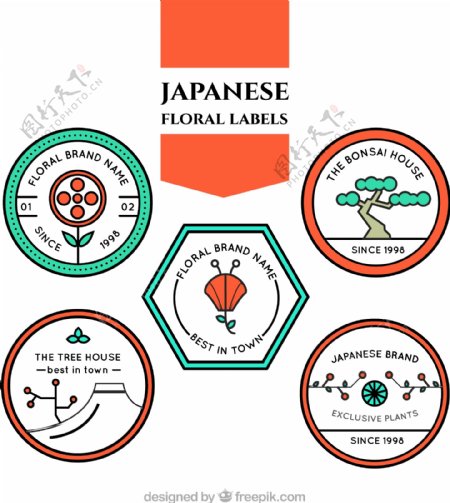 线性风格的日本花卉标签