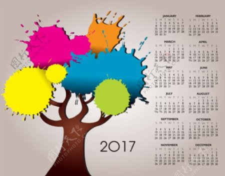 彩色水墨大树2017年日历图片