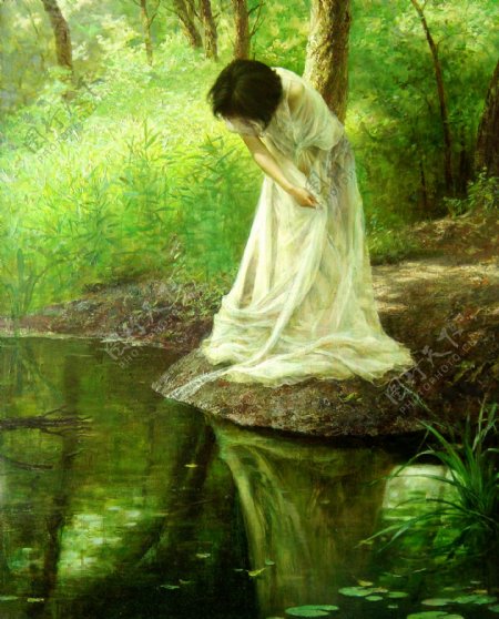 池塘边美女油画图片