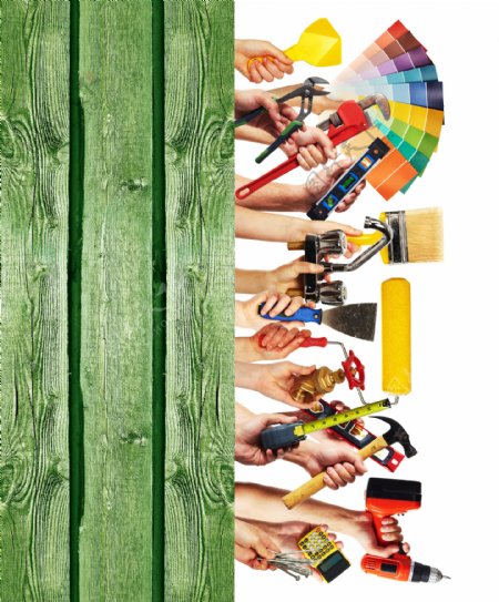 绿色木板和装修工具图片