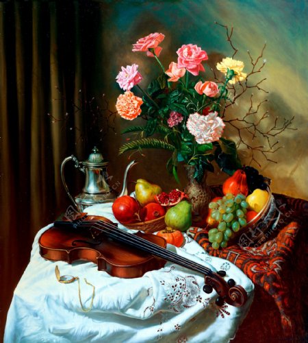 小提琴鲜花与新鲜水果油画图片