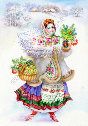 拿着水果篮的外国古代美女插画图片