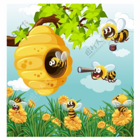 春天气息蜜蜂蜂巢花朵矢量素材