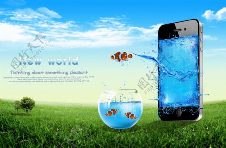金鱼与苹果手机广告海报PSD素材