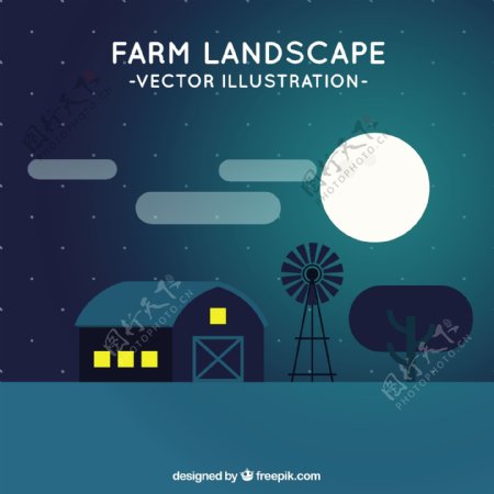 平面设计中的夜间农场景观