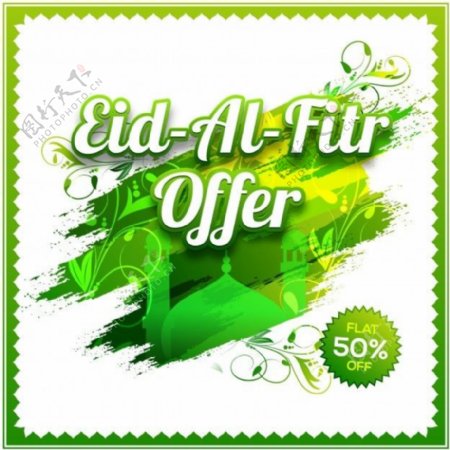 EidAlFitr提供的海报横幅传单设计创意背景与清真寺和花卉设计在绿色和白色色调