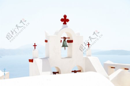 希腊白色教堂钟塔图片