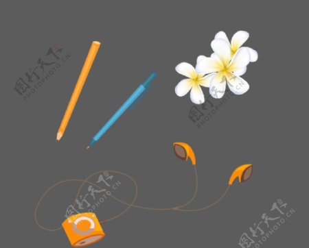 铅笔音乐耳机白色花朵