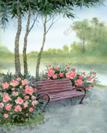 水彩花朵与椅子图片