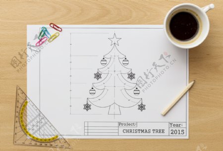 咖啡与圣诞树设计图纸图片