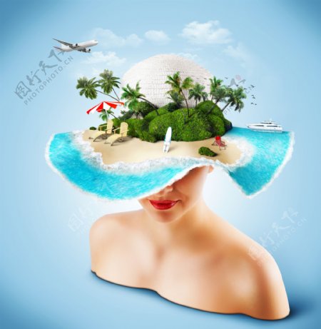 女人草帽上的大海和岛屿