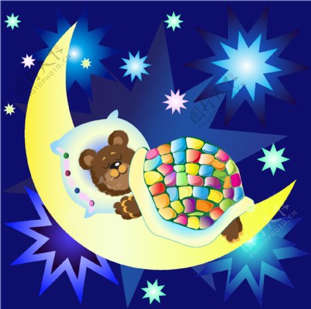睡梦的小熊和月亮矢量素材