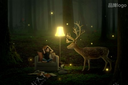 儿童与麋鹿夜光星星读书