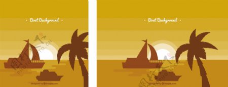 棕榈树和船的单色背景
