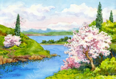 春天河流风景插画
