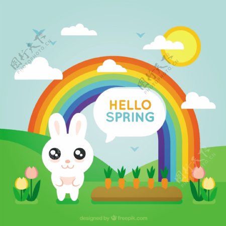 春季背景与兔子和彩虹在平面设计