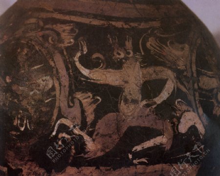 陶壶彩绘人身兽首图西汉