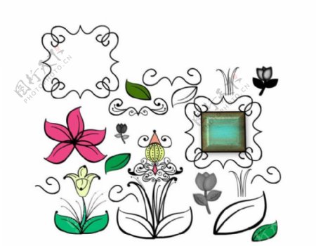 时尚的手绘边框和花卉笔刷