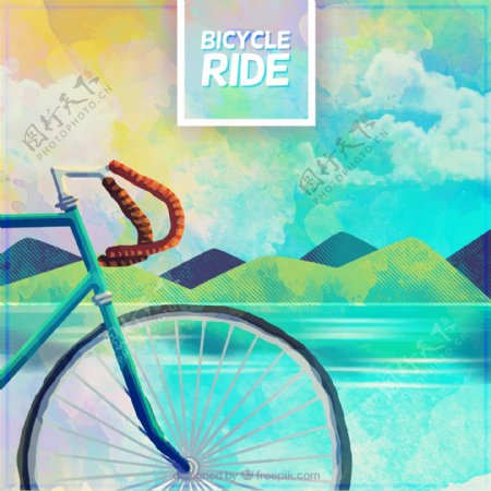 水彩自行车和景观背景