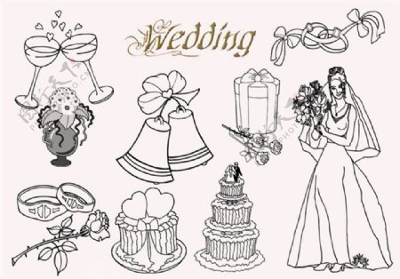 婚礼蛋糕铃铛新娘酒杯玫瑰花戒指等线框图形PS笔刷素材下载