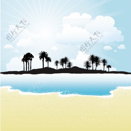 热带岛屿剪影阳光明媚的天空海滩背景