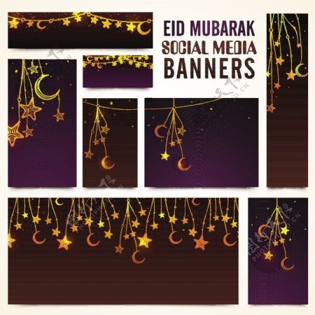 社会媒体横幅装饰挂新月和明星为伊斯兰著名的节日EidMubarak庆祝活动