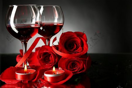 高脚杯玫瑰花蜡烛背景高清图片素材