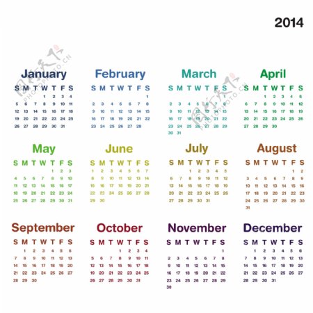 矢量2014年日历模板