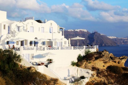 夕阳希腊爱情海海岸纯白建筑