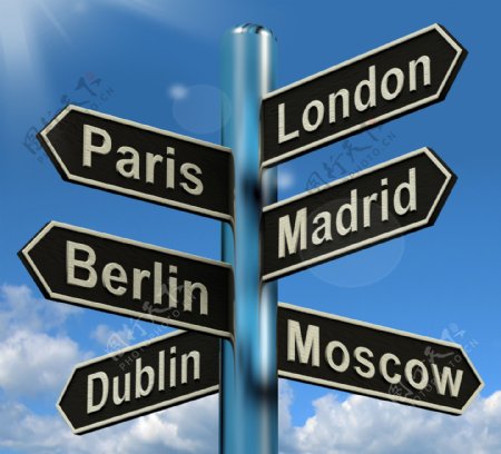 巴黎伦敦马德里柏林路标显示欧洲旅游目的地