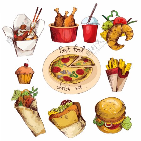 10款彩绘快餐食品矢量图
