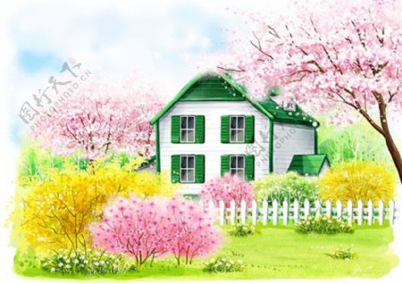 花丛中小房子插画