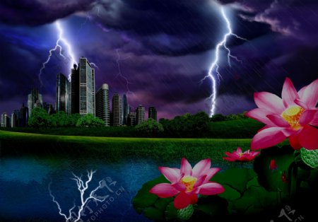 环保城市闪电雨夜图片