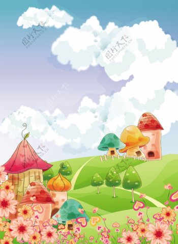 小房子蘑菇房子卡通场景图