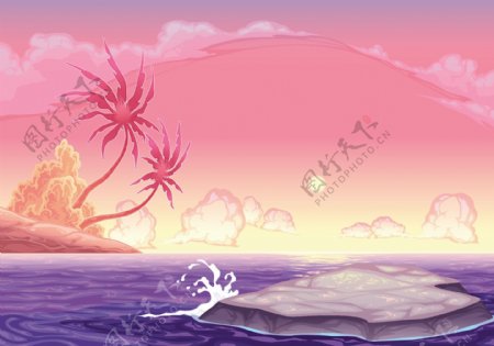 在夕阳的卡通插画矢量浪漫海景