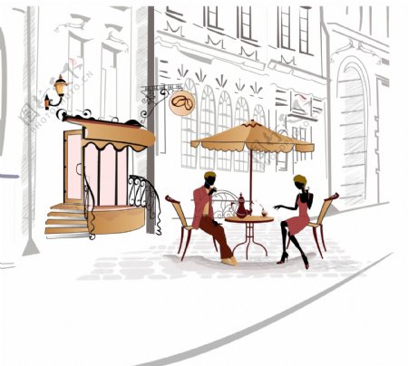 浪漫的街角咖啡厅插画