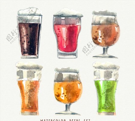 6款水彩绘杯装酒类设计矢量素材