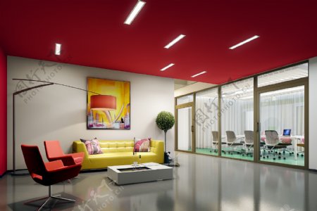 现代时尚办公室红色天花板工装装修图