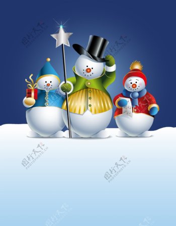 三个雪人卡通矢量海报背景素材