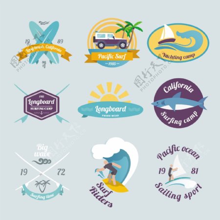 夏天海滩冲浪游艇的标签集合分离的矢量插画