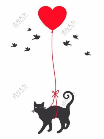 卡通手绘可爱黑色猫咪爱心气球小鸟装饰画