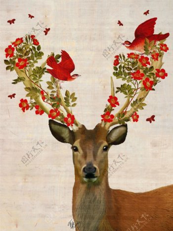 手绘彩绘麋鹿头顶红色花朵蝴蝶现代装饰画
