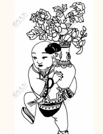抱牡丹花瓶的中国古代童子