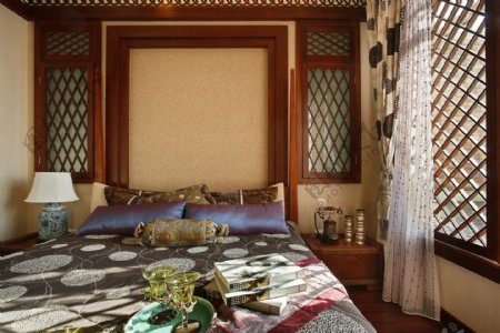 中国风卧室床铺背景装修效果图